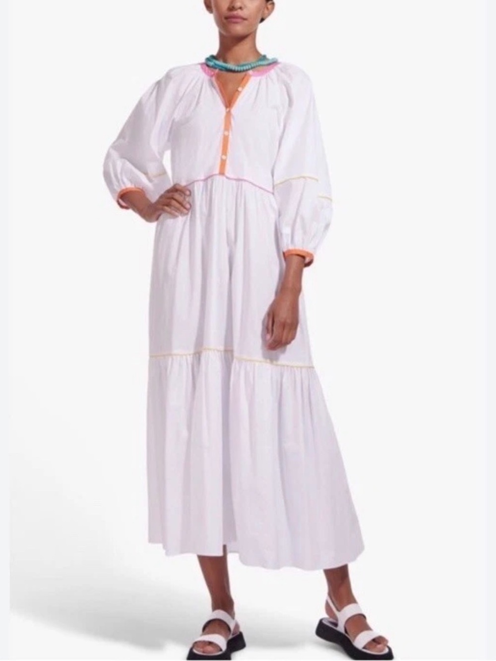 STAUD Demi Dress XS White Rainbow Trim Cotton Poplin Tiered Maxi Puff Sleeve